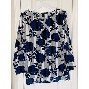 Ann Taylor Women's Gray‎ Blue Black Floral Long Sleeve Blouse Shirt Top Medium